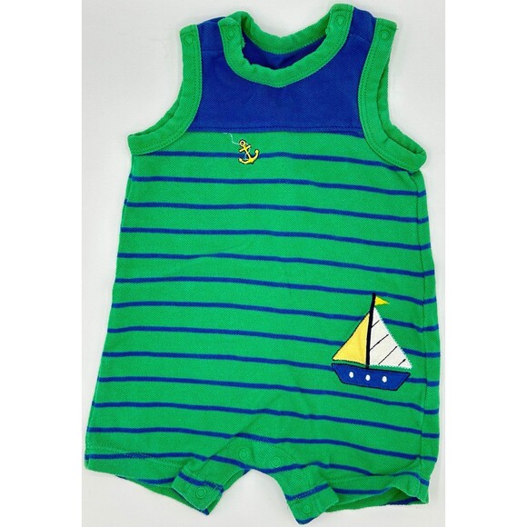 Little Me Anchor Romper. Green Blue Sailboat Stripe Tank (941) - Picture 1 of 3